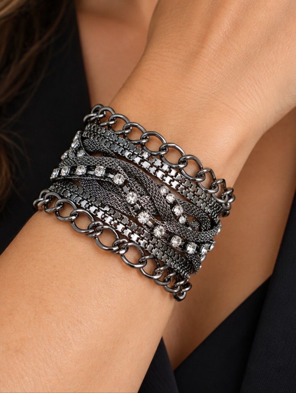 Gunmetal Silver-Tone Multi-Strand Statement Bracelet